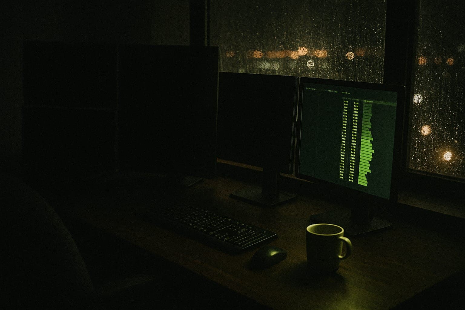 An empty trading desk at night, one screen showing a lime order book
