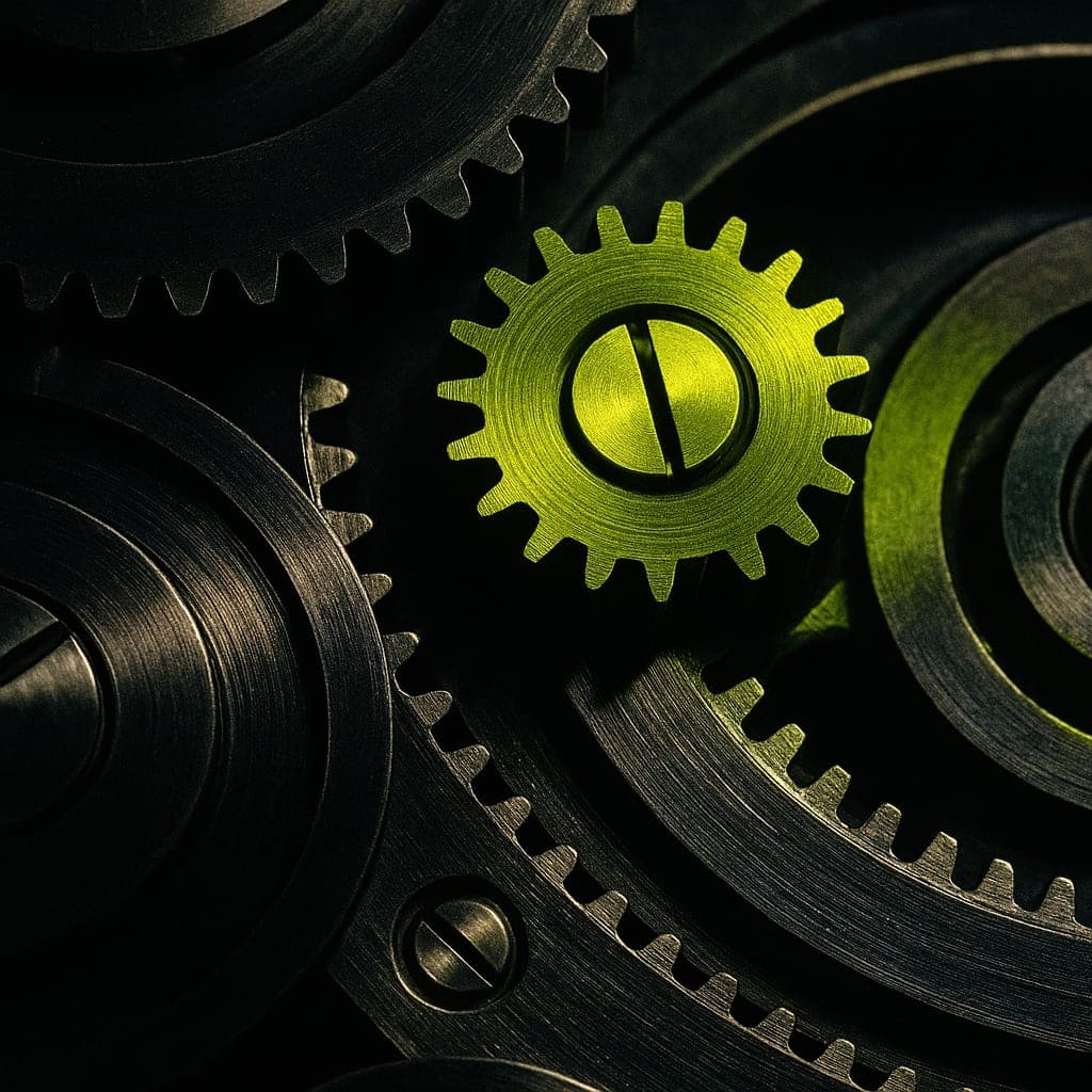 Close-up of a precision mechanism with one lime gear