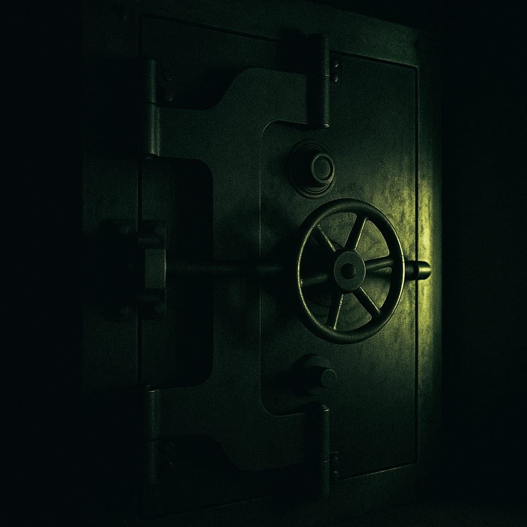 A closed vault door with a sliver of lime light along its seam